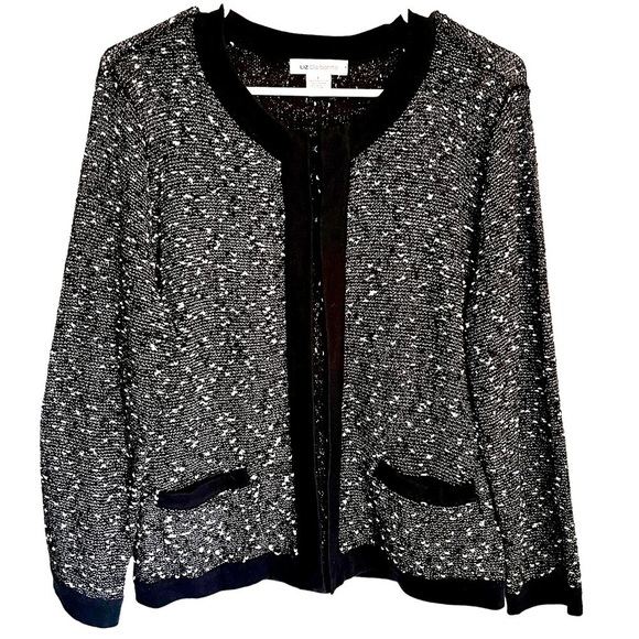 𝅺LIZ Claiborne Marled Open Front Cardigan Sweater Black White Grey Pockets L - Picture 1 of 12